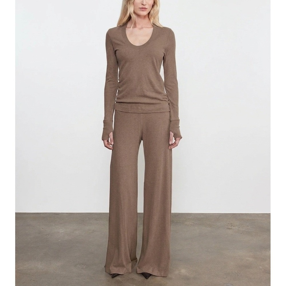 ENZA COSTA Cashmere Easy Cuffed U Neck Top Womens Medium Walnut Long Sleeve NEW